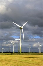 Wind turbines in front of stormy sky and rape field, East Frisia, Lower Saxony, Federal Republic of