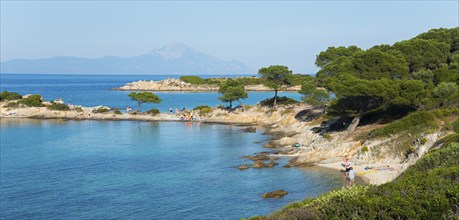 Picturesque coastal landscape with rocky beach and trees in front of clear blue water, Karidi