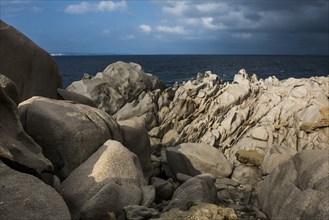 Bizarre and huge granite rocks by the sea, Capo Testa, near Santa Teresa di Gallura, Sardinia,