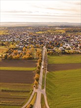 Aerial view of a small town with fields and a long street in warm autumn light, Jettingen, Black