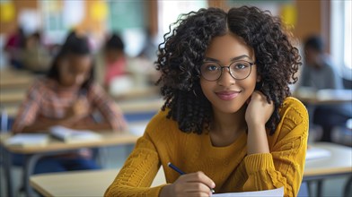 Pretty african american girl sitting at her desk in her classroom. generative AI, AI generated