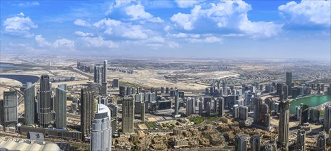 UAE, Dubai panoramic skyline view of city downtown and Dubai Mall