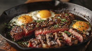 Cast iron pan with thick steak and eggs cooking. generative AI, AI generated