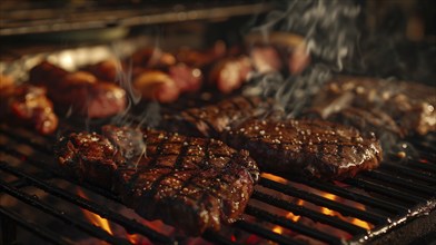 Several beef steaks sizzling on the BBQ. generative AI, AI generated