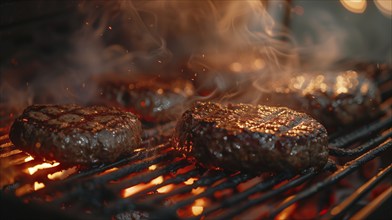 Several beef steaks sizzling on the BBQ. generative AI, AI generated