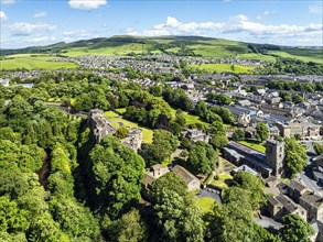 Skipton Castle from a drone, North Yorkshire, England, United Kingdom, Europe