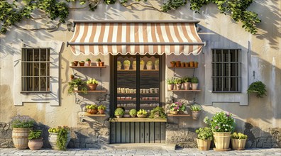 Typical European vintage authentic shop facade in historic center, AI generated