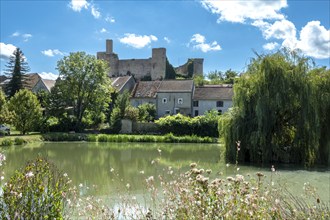 Billy. The fortified castle dating back to the 13th century, overlooks a pond, Allier,