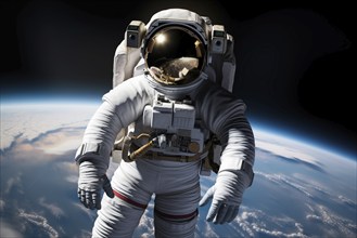 Astronaut Floating Above Earth in Space with extravehicular mobility unit and backpack. Wonder and