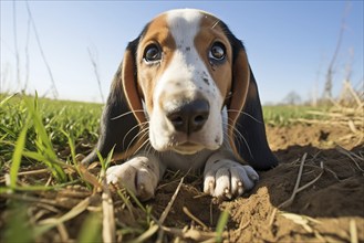 A close-up shot of a playful Basset Hound puppy with floppy ears, exploring the outdoors, AI