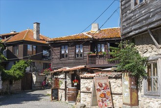 Historic town centre with cobblestone streets and traditional wooden houses, Black Sea, Nesebar,