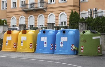 Waste containers, waste separation, provincial capital of Bolzano, South Tyrol, Italy, Europe