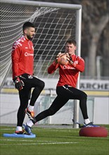 Goalkeeper Alexander Nuebel VfB Stuttgart (33) (right) and goalkeeper Fabian Bredlow VfB Stuttgart