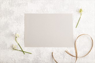 Gray paper sheet mockup with spring snowdrop galanthus flowers on gray concrete background. Blank,