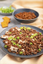 Quinoa porridge with green pea and chicken on ceramic plate on a gray concrete background and