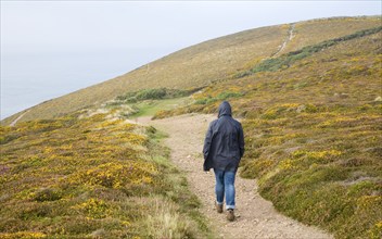 Woman wearing kagoule walking along the South West coast path at St Agnes head, Cornwall, England,