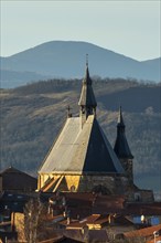 Vic le Comte. Bell tower of Saint-Pierre church. Puy de Dome department. Auvergne-Rhone-Alpes.