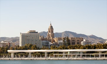 Cityscape view of historic cathedral and city centre, Malaga, Spain, Europe