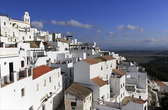 Pueblo blanco historic village whitewashed houses on hillside, Vejer de la Frontera, Cadiz