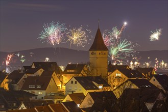 Fireworks on New Year's Eve, view of Korb-Steinreinach in the Rems valley, church tower, Rems-Murr