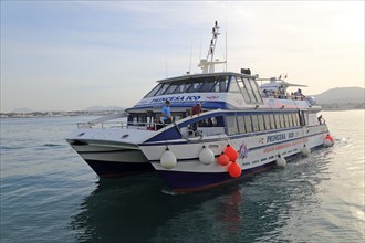 Tourist passenger glass bottom boat 'Princes Ico' at Corralejo, Fuerteventura, Canary Islands,