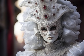 A person adorned in a richly detailed and colorful carnival costume, complete with an elaborate