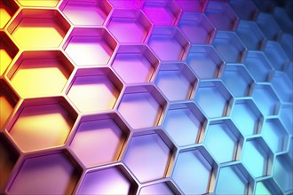 Metallic honeycomb pattern illuminated with vibrant gradient colors abstract background, AI