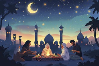 Essence of Ramadan, featuring people gathered and eating near a mosque under a starry night sky,