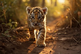 Baby tiger cub walking in jungle forest with confidence during the golden hour, AI generated