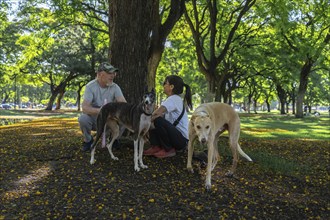 A male and female friends chatting and enjoying the park with their pets, sitting on the grass