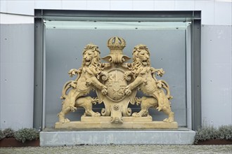 Two lion figures with coat of arms and crown from the historic Kingdom of Bavaria, Bavarian,