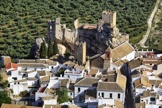 Whitewashed houses, view from above of Moorish-style castle, Route of the White Villages, Zuheros,