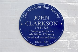 Blue plaque John Clarkson 1764-1828 campaigner for the abolition of slavery, Woodbridge, Suffolk,