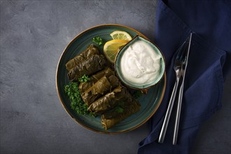 Dolma, cabbage rolls, grape leaves with filling, white sauce, lemon and herbs, rustic, selective