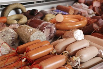 Sausage counter in a butcher's shop