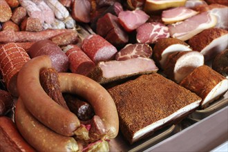 Sausage counter in a butcher's shop