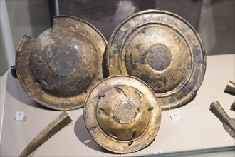 Three bronze phalarae found in the River Avon in Melksham, part of the Melksham Hoard. With