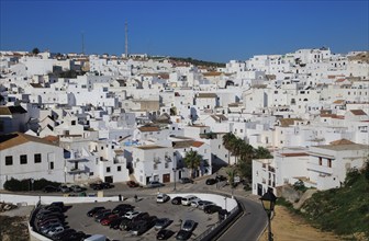 Pueblo blanco historic village whitewashed houses on hillside, Vejer de la Frontera, Cadiz