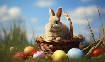 Cute Easter bunny sits beside a basket filled with colorful, decorated eggs amidst a vibrant green