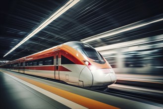 Modern high speed train in a futuristic train station. Modern transportation technology, speed,