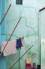 Laundry in front of a house, Burano, Veneto, Italy, Europe