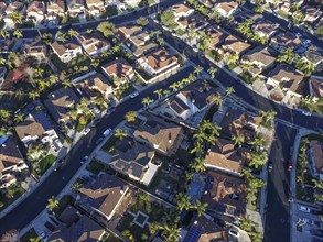 Aerial view of populated neigborhood of houses