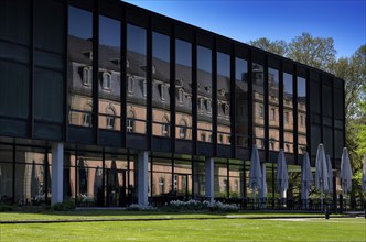 New castle reflected in the glass façade of the Baden-Württemberg state parliament, Stuttgart,