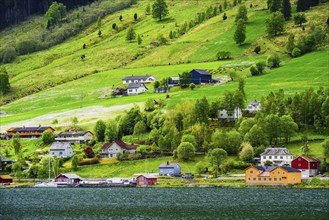 Mountains and Fjord over Norwegian Village, Olden, Innvikfjorden, Norway, Europe