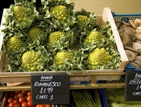 Romanesco broccoli on sale in wooden crate