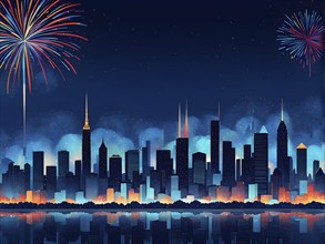 Minimalist, geometric skyline at night, with subtle fireworks in the sky, represented by colorful