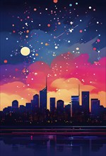 Minimalist, geometric skyline at night, with subtle fireworks in the sky, represented by colorful