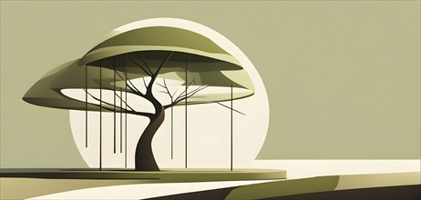 Abstract geometric tree with a circular canopy and a rectangular trunk, arranged in a clean,