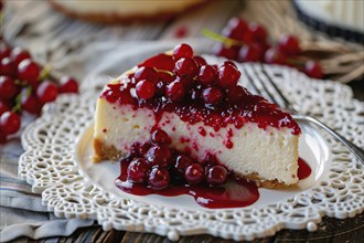 Slice of American Cheesecake with currants on plate. Close up of wind mill turbine covered in ic