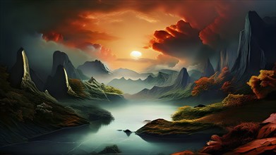 AI generated painting of a surreal landscape with mountains and a lake with digital brush strokes